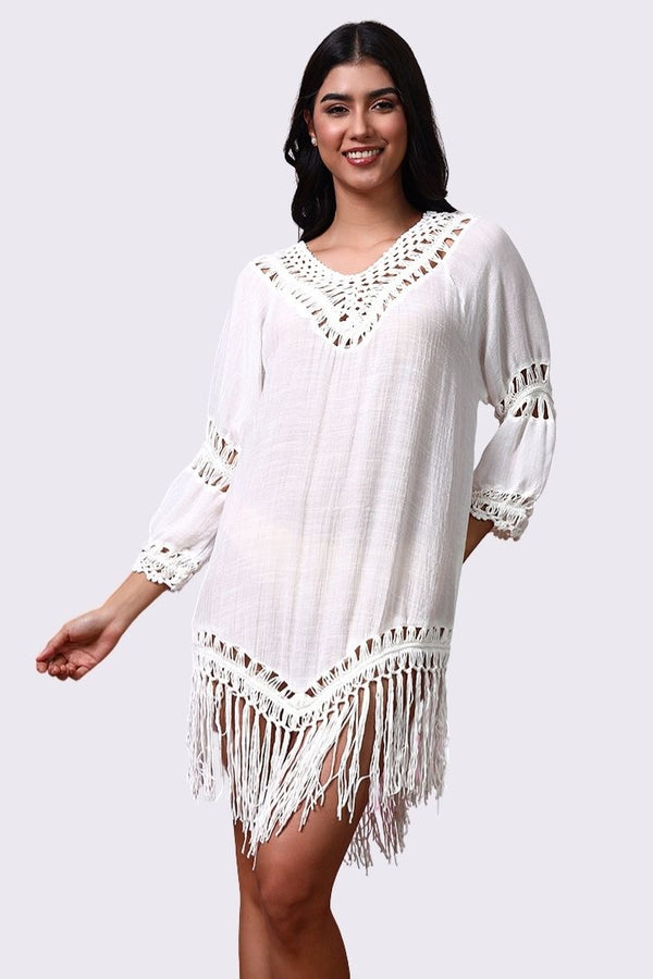 AXTZH Relaxed Fit Women’s Coverup with Embroidered Neckline and Chic Details-X3840-WHITE-SNGA1