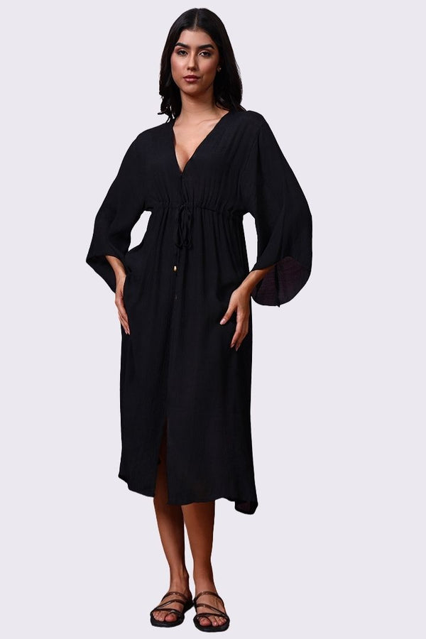 AXTZH Elegant Women’s Coverup Sarong Beachwear with Flowing Silhouette and Tie Detail-X8387-BLACK-SNGA2