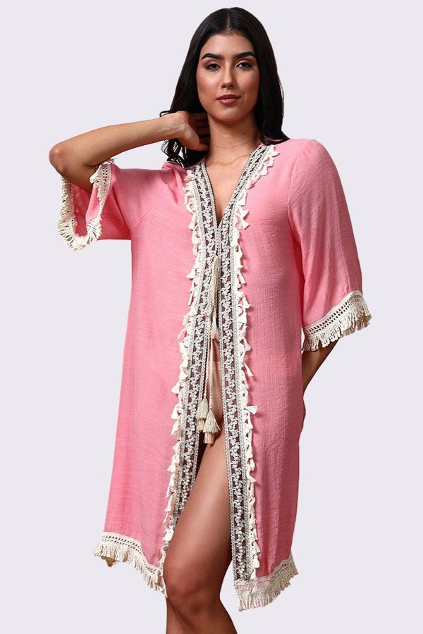 AXTZH Lightweight Resort Cover-Up Featuring Crochet Detailing and Breezy Fit-X4511-ROSE-SNGA2