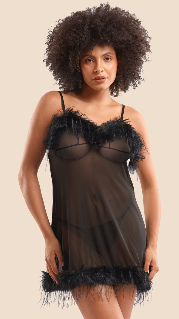 Sheer Mesh Babydoll & Robe Set | Faux Fur Trim Lingerie