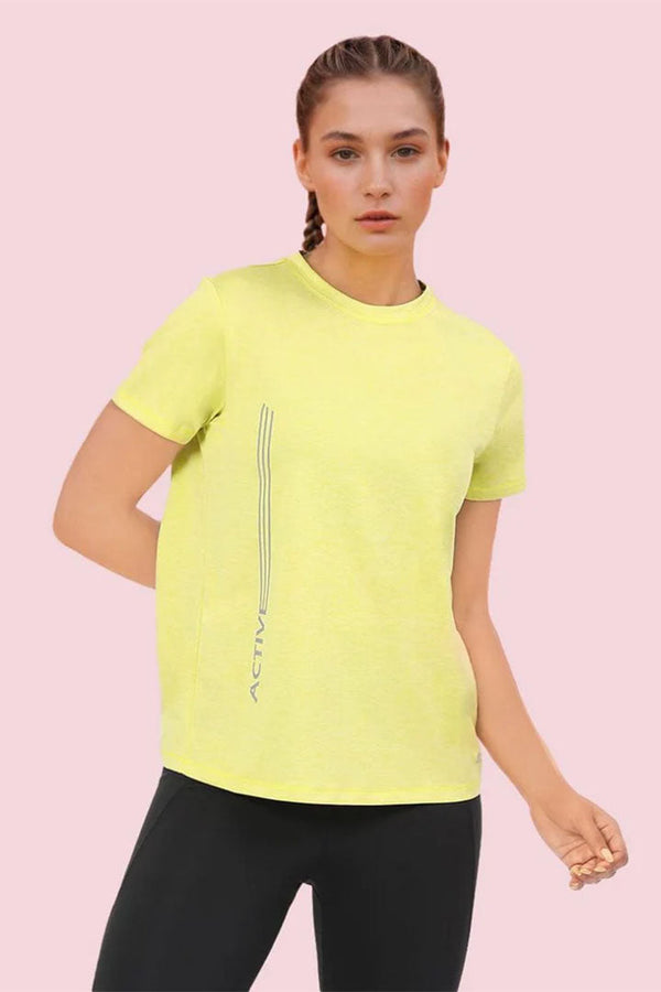 ENAMOR A309 Women Basic Workout Relaxed Fit Crew Neck Short Sleeve Tee with Reflective Active Graphic