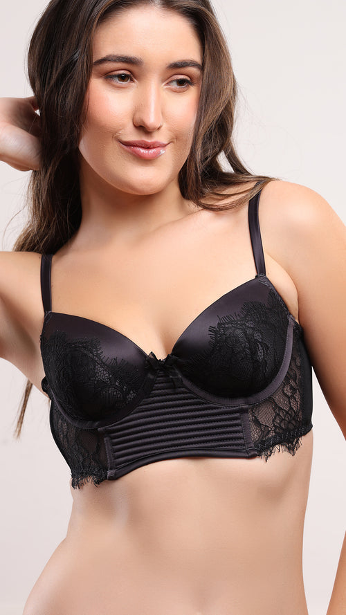 Graphite Lace Longline Bustier Bra – Padded, Wired
