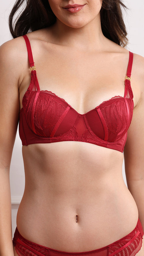 Wine Red Embroidered Lace Push-Up Bra