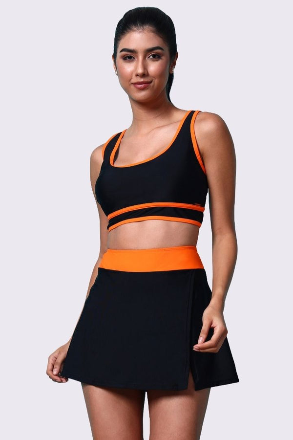 AXTZH Stylish Two-Piece Swim Set Featuring Sleek Bralette and Skirt Overlay Bottom for Women-X2514-BLKOR-2PF