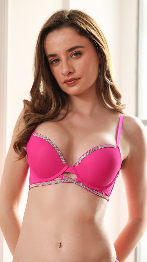 Fuchsia Strappy Push-Up Bra with Diamante Trim