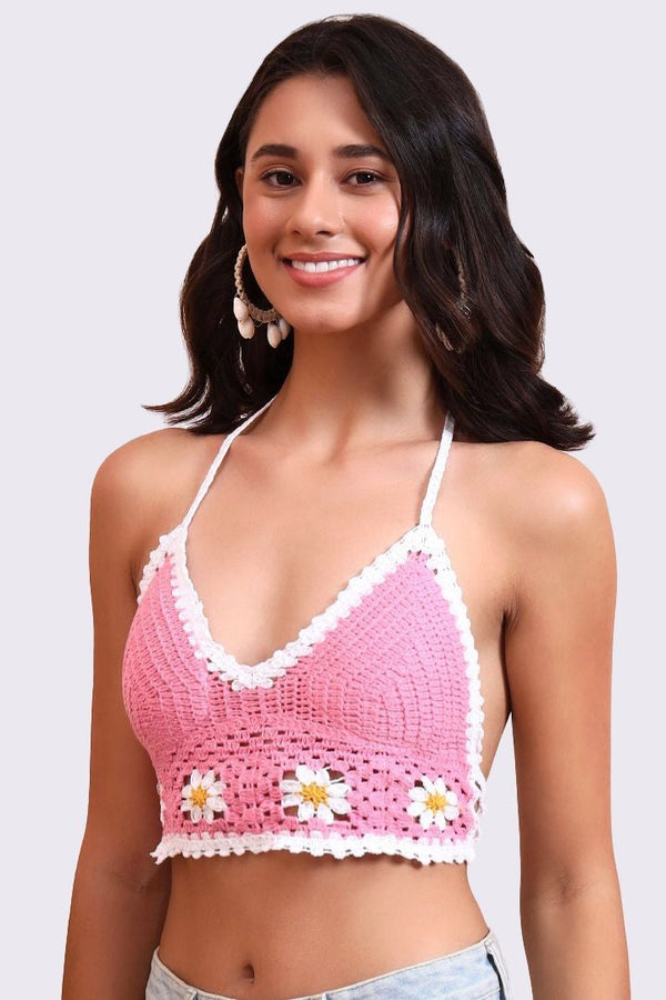 AXTZH Crochet Halter Beachwear Bra Top with Handcrafted Detailing and Playful Design-X0169-PINK-BW1PBL