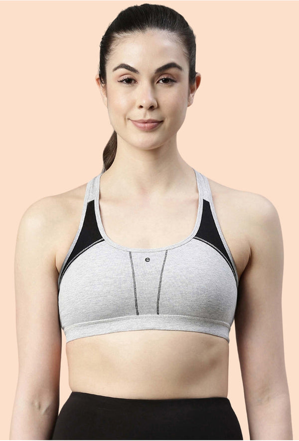 Enamor-SB08 Grey Melange Medium Impact Sports Bra Racer Back, Removable Pads & Wirefree