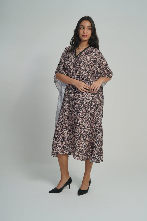 ANGELS FASHION Fierce Flow Nightwear Dress with Relaxed Fit and Sensual V-Neckline-AG0795-LEOPR-F8S