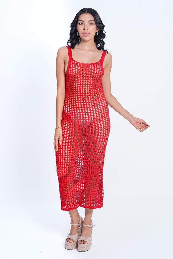 AXTZH Drift Net One-Piece Beach Dress X4614-RED-SNGB1