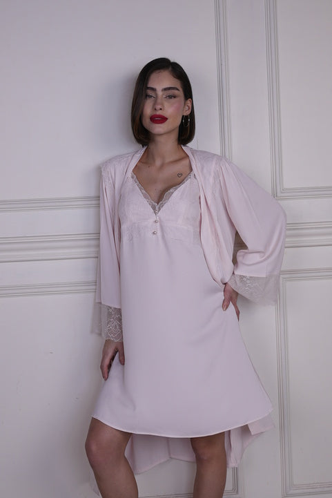 AXTZH 2-Piece Satin Nightwear Set with Lace Detail and Matching Robe for Women X2503-BLUSH-F12S
