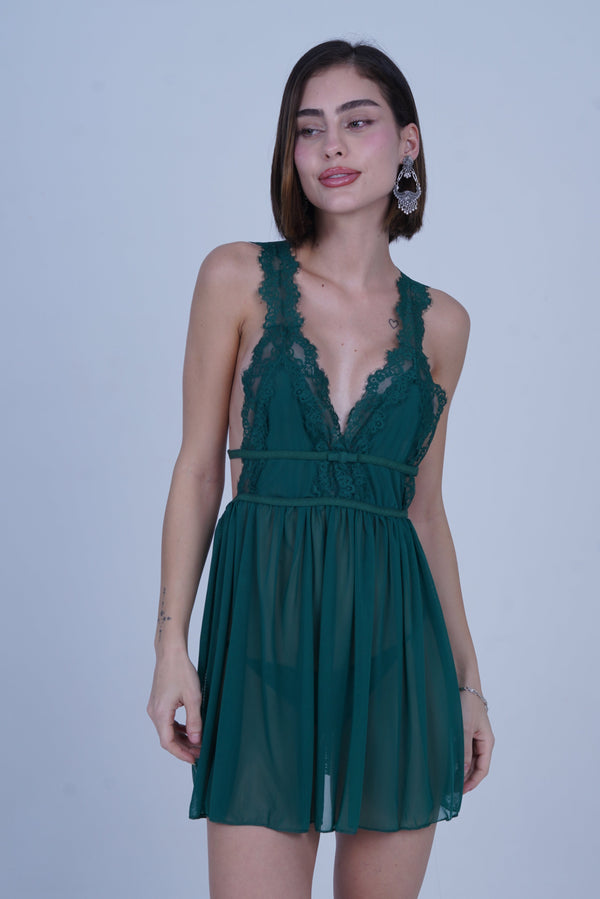 AXTZH Romantic 1-Piece Sexy Nightwear with Deep Neckline and Sheer Flowing Design for Women X9019-PINE-SF1N