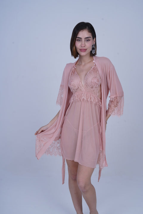 AXTZH Women’s 2 Piece Nightwear Set with Sheer Robe and Slip Dress X8806-APRICOT-F11N