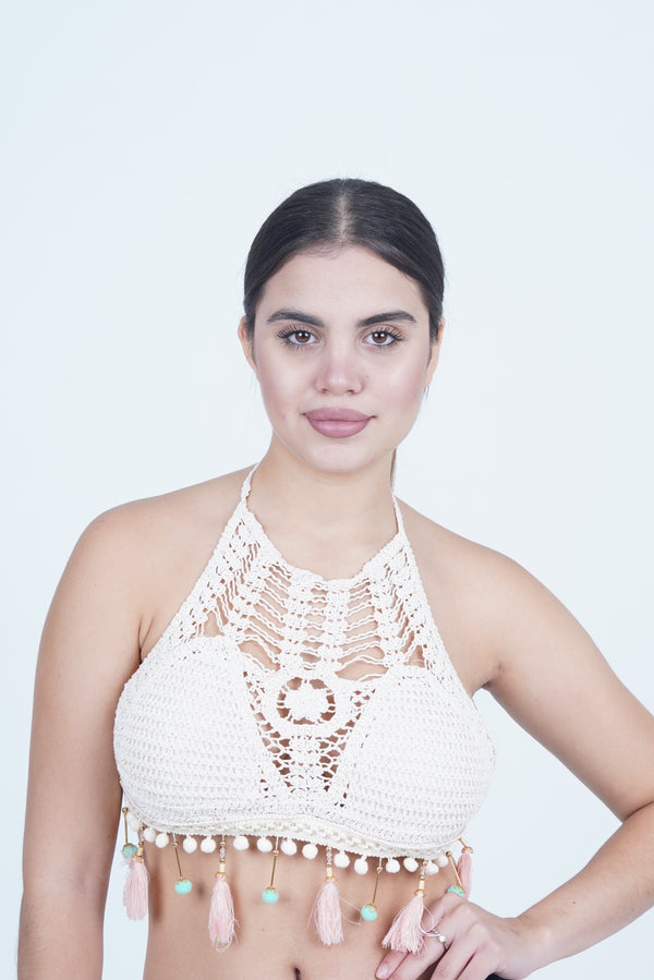 AXTZH Boho-Inspired Crochet Beachwear Crop Top for Women Perfect for Vacations and Poolside Looks X0169-WHITE2-BW1PBL