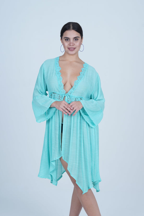 AXTZH Flowing Sarong-Inspired Beachwear Dress with Bell Sleeves and Tie-Up Waist X0629-SGREEN-SNGA2