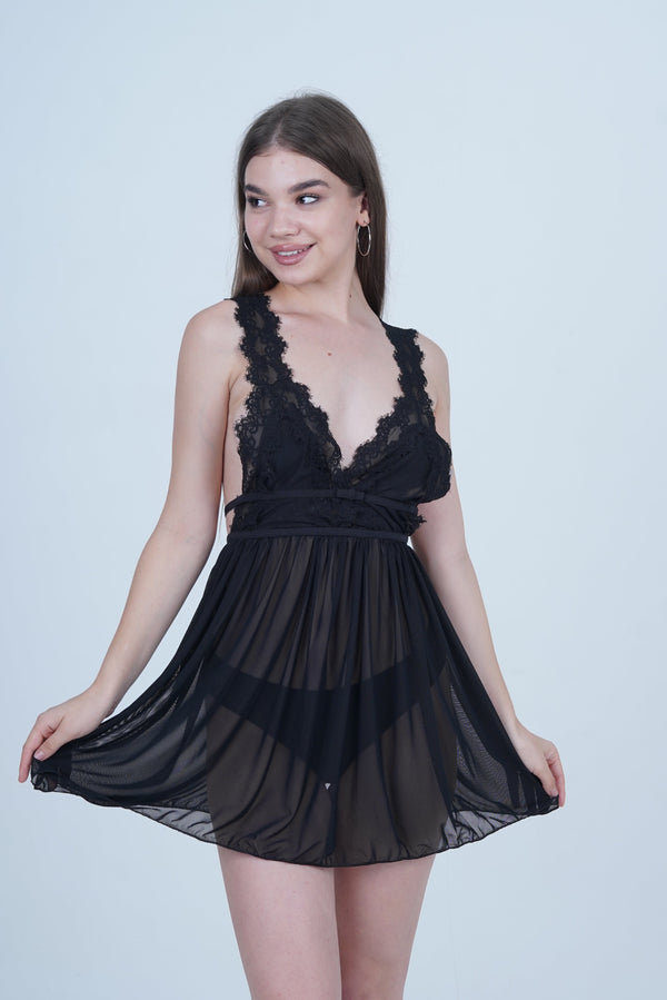 AXTZH Romantic 1-Piece Sexy Nightwear with Deep Neckline and Sheer Flowing Design for Women X9019-BLACK-SF1N