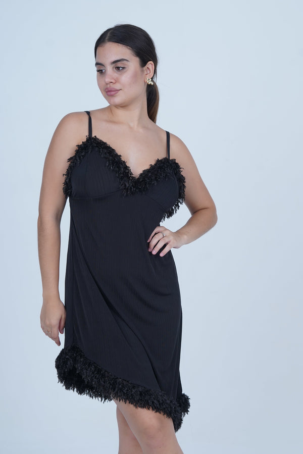 AXTZH One-Piece Sexy Nightwear for Women with Deep Neckline and Delicate Fringe Detailing X2429-BLACK-F1L
