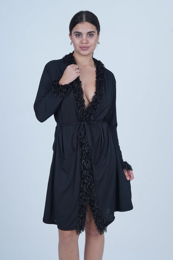 AXTZH Luxurious 1-Piece Sexy Nightwear with Soft Fabric and Feathered Trims for Women X8806-BLACK-H1L