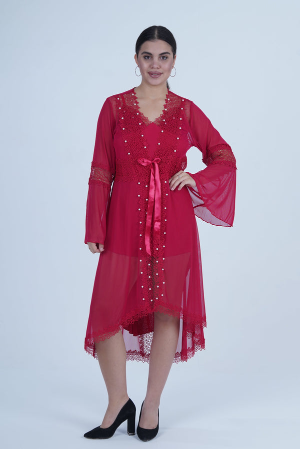 AXTZH Women’s Luxury Nightwear with Lace Trim, Satin Tie, and Semi-Sheer Flowing Design X0003-CRIMSON-F12M