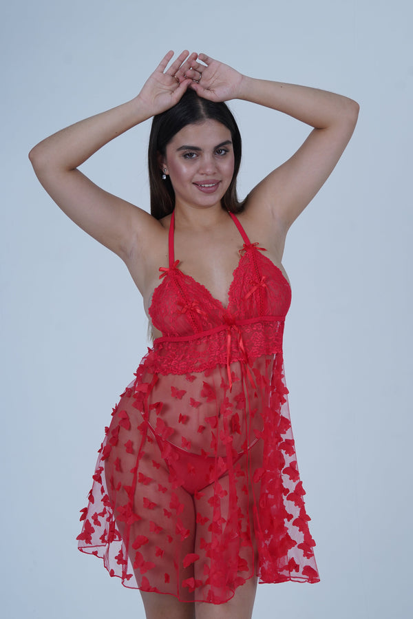 AXTZH Romantic Sheer Lingerie Nightwear for Women with Flowing Silhouette X8249-RED-F1N