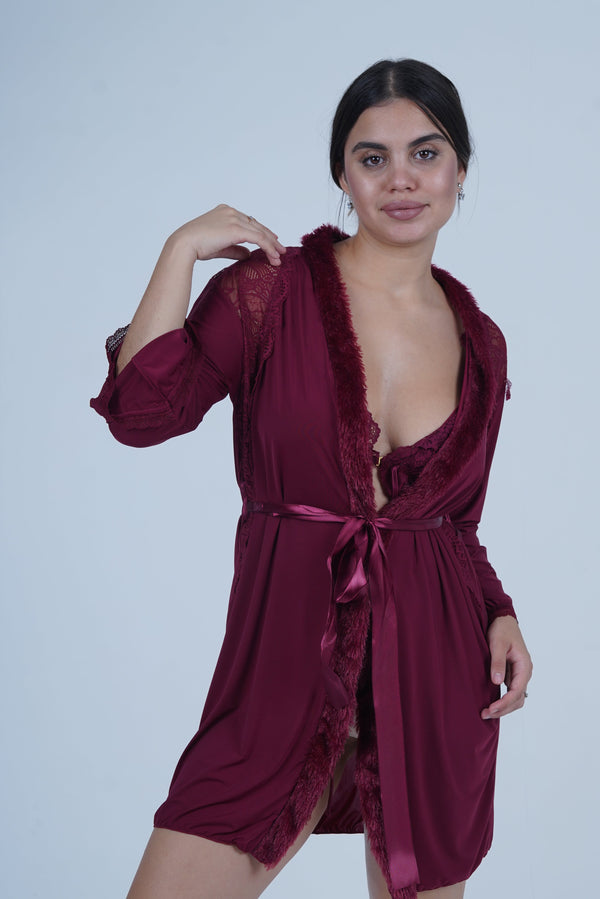 AXTZH Romantic Nightwear Set for Women with Satin Robe, Matching Slip and Innerwear X8027-MERLOT-NSS3PM