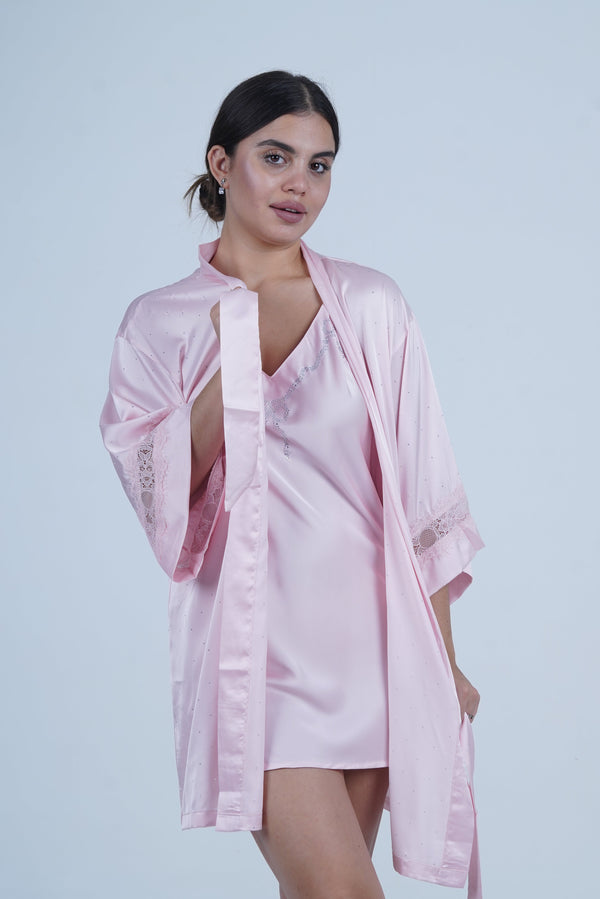 AXTZH Women’s Luxurious Nightwear Set with Soft Satin Dress and Relaxed Fit Robe X0015-BLUSH-F11S