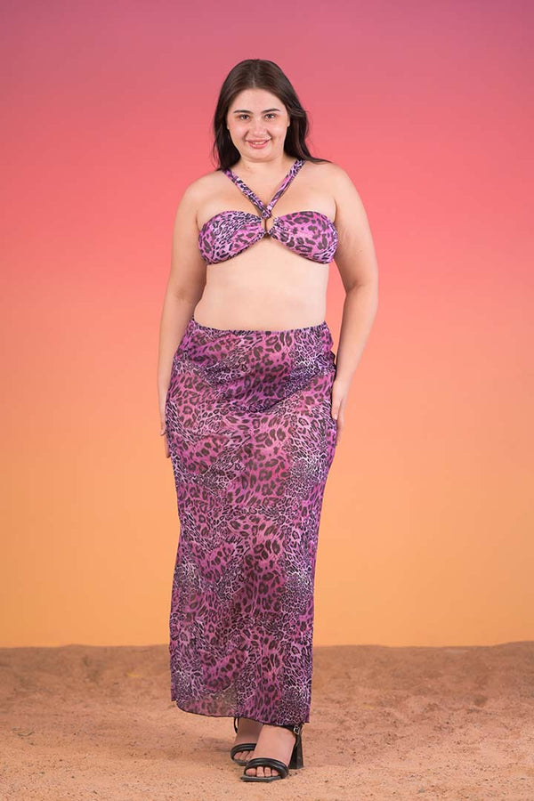 AXTZH Stylish 3-Piece Swimwear Set with Sheer Cover-Up X0193-PURPR-3PB