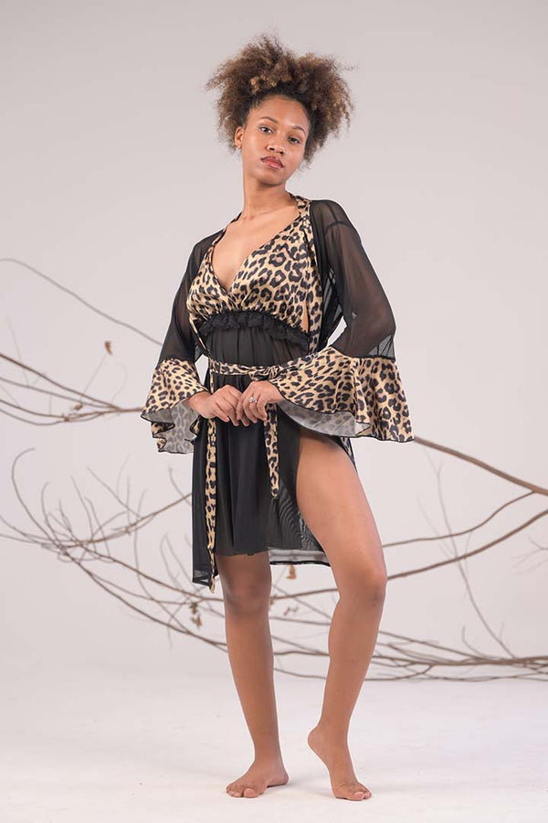 AXTZH Bold Two-Piece Women’s Nightwear Set with Sheer Robe and Matching Inner Dress X8801-BLKLEO-F11N