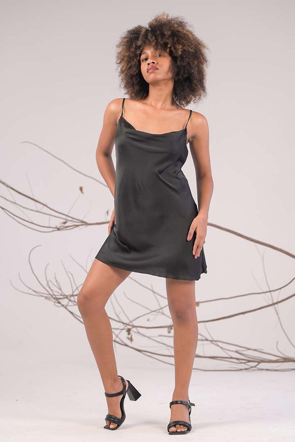 AXTZH Silky Cowl-Neck Nightdress X0502-BLACK-F1S