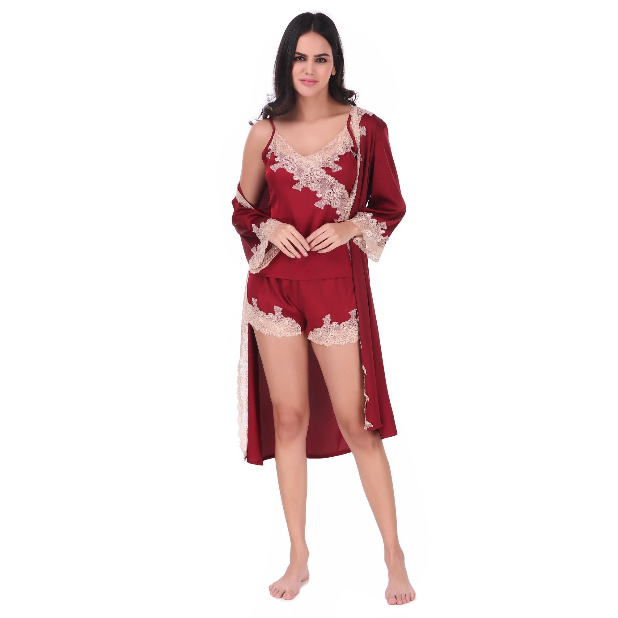 AXTZH-XNSS3PSATRD001  luxuriously Smooth satin Night Gown  shorts set with soft lace Accents-3 pcs set