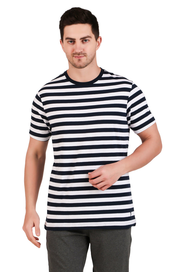 Jockey-2715 Super Combed Cotton Rich Striped Round Neck Half Sleeve T-Shirt -NV-WH