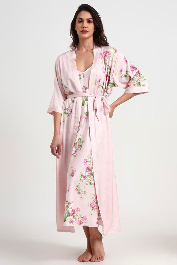AXTZH Elegant Two-Piece Women’s Nightwear Set with Flowing Robe and Matching Slip X2128-PINPR-F12S