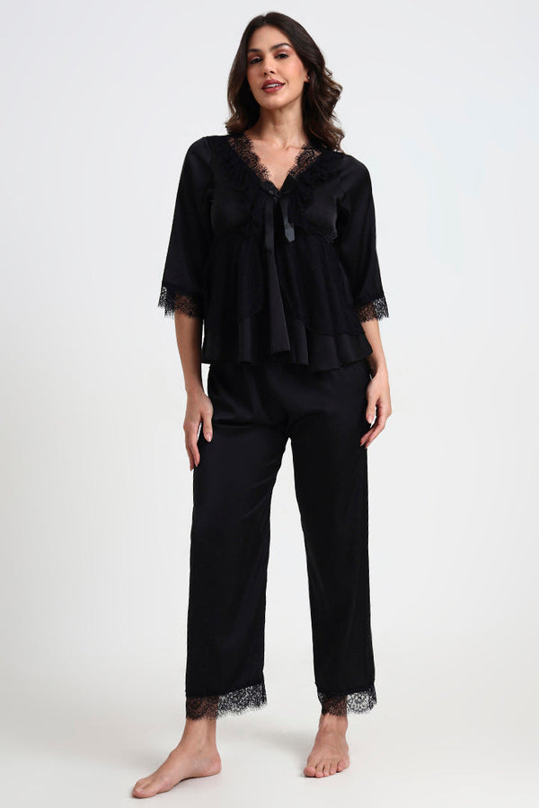 AXTZH Stylish and Comfortable Women’s Two-Piece Nightwear Set with Feminine Detailing X3835-BLACK-C9S