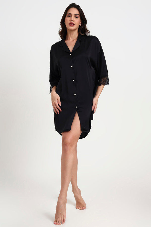 AXTZH Relaxed Fit Nightwear for Women with Shirt Collar and Soft Satin Finish X2654-BLACK-G1S