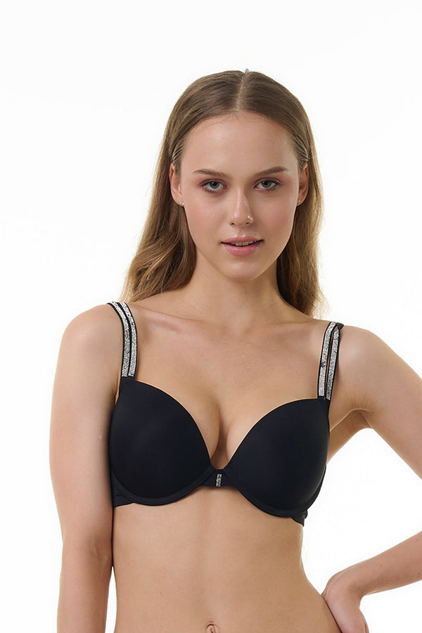 BELLAGIO BRA-BB1009 Black Solid Underwired Push Up Lightly Padded Medium Coverage Bra