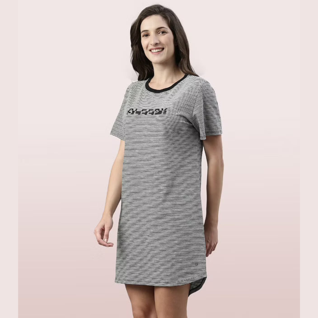 ENAMOR-E8S2 BASIC DRESS COTTON SLOUNGE MINI DRESS WITH CHEST GRAPHIC