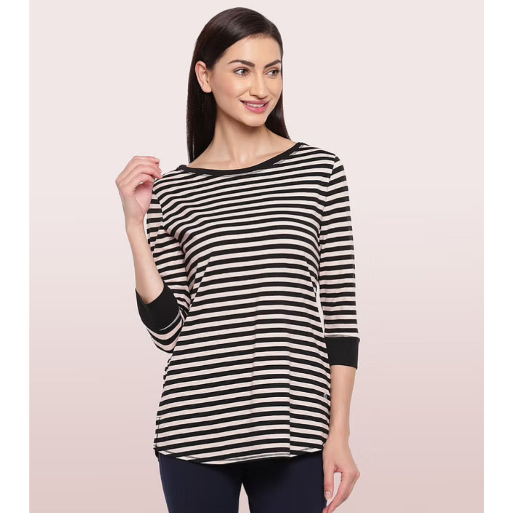 ENAMOR-EA07 LONG TEE â€“ STRIPED | Â¾ SLEEVE BOAT NECK LOUNGE TEE WITH MINDFUL GRAPHIC