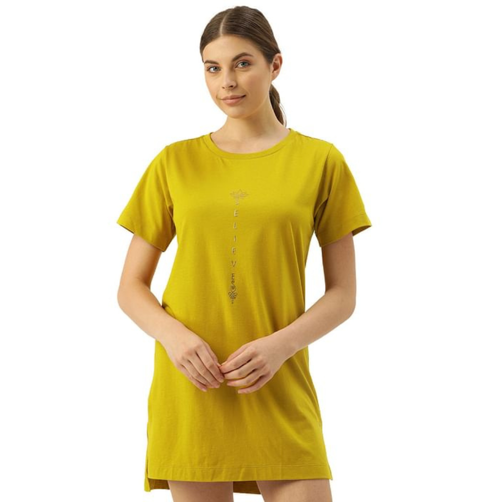 ENAMOR-E061 TUNIC TEE â€“ SOLID | SHORT SLEEVE TUNIC TEE WITH SIDE SLIT & MINDFUL GRAPHIC
