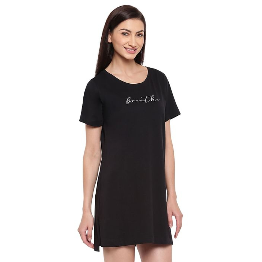 ENAMOR-E061 TUNIC TEE â€“ SOLID | SHORT SLEEVE TUNIC TEE WITH SIDE SLIT & MINDFUL GRAPHIC