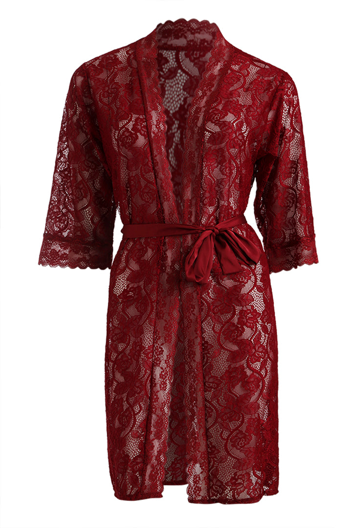AXTZH Sheer Lace Nightwear Set with Robe & Thong NW X5521-SCARLET-F11N