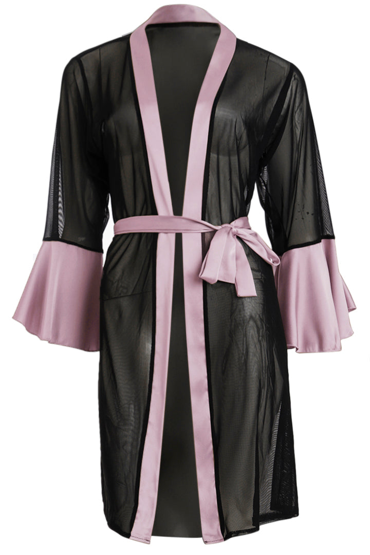 AXTZH Satin and Sheer Lace Nightwear Set with Thong and Robe NWX8803-FF-F11N