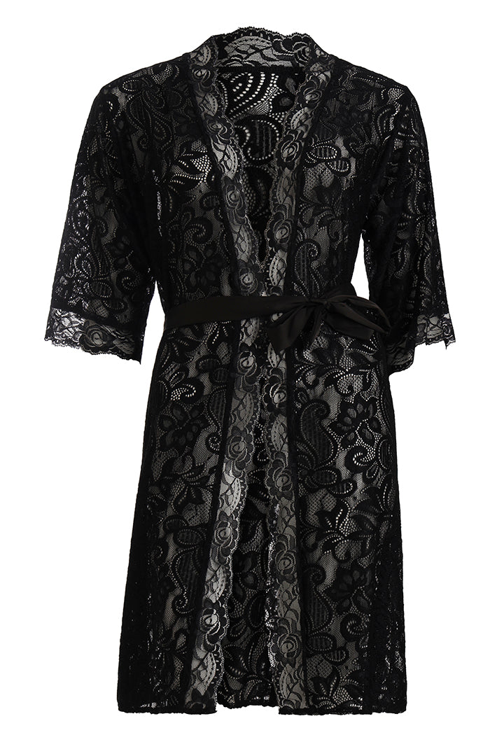 AXTZH Lace Nightwear Set with Robe & Thong NW X5527-BLACK-F11N