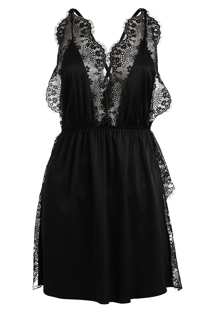 AXTZH Deep V Lace Nightwear Set with Thong NW X5529-BLACK-F1S