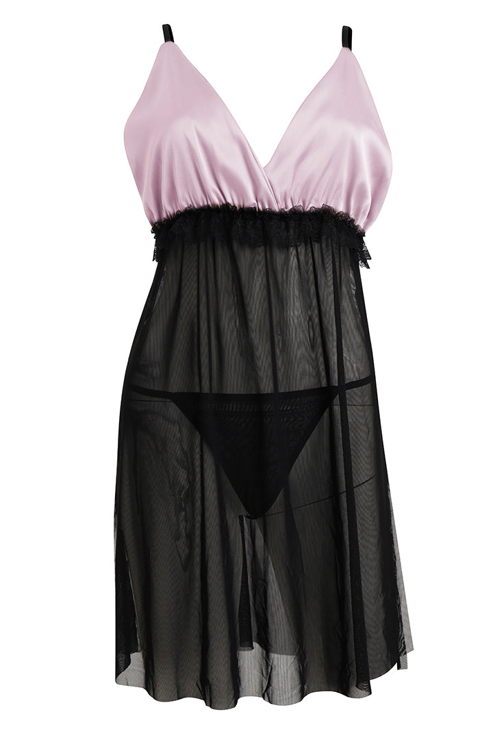 AXTZH Satin and Sheer Lace Nightwear Set with Thong and Robe NWX8803-FF-F11N