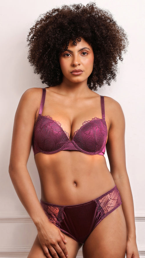 Plum botanical lace push-up bra with matching brief – Savvyy bridal lingerie set