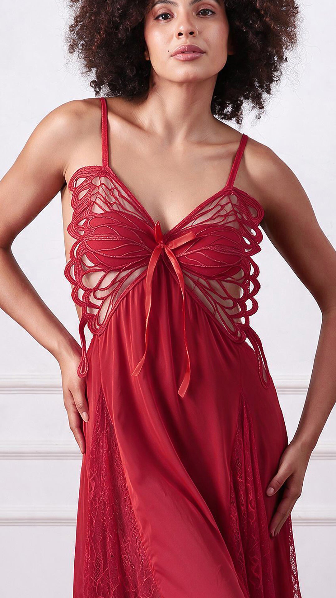 Wine red lace babydoll nightdress with cross-back straps, close-up front view