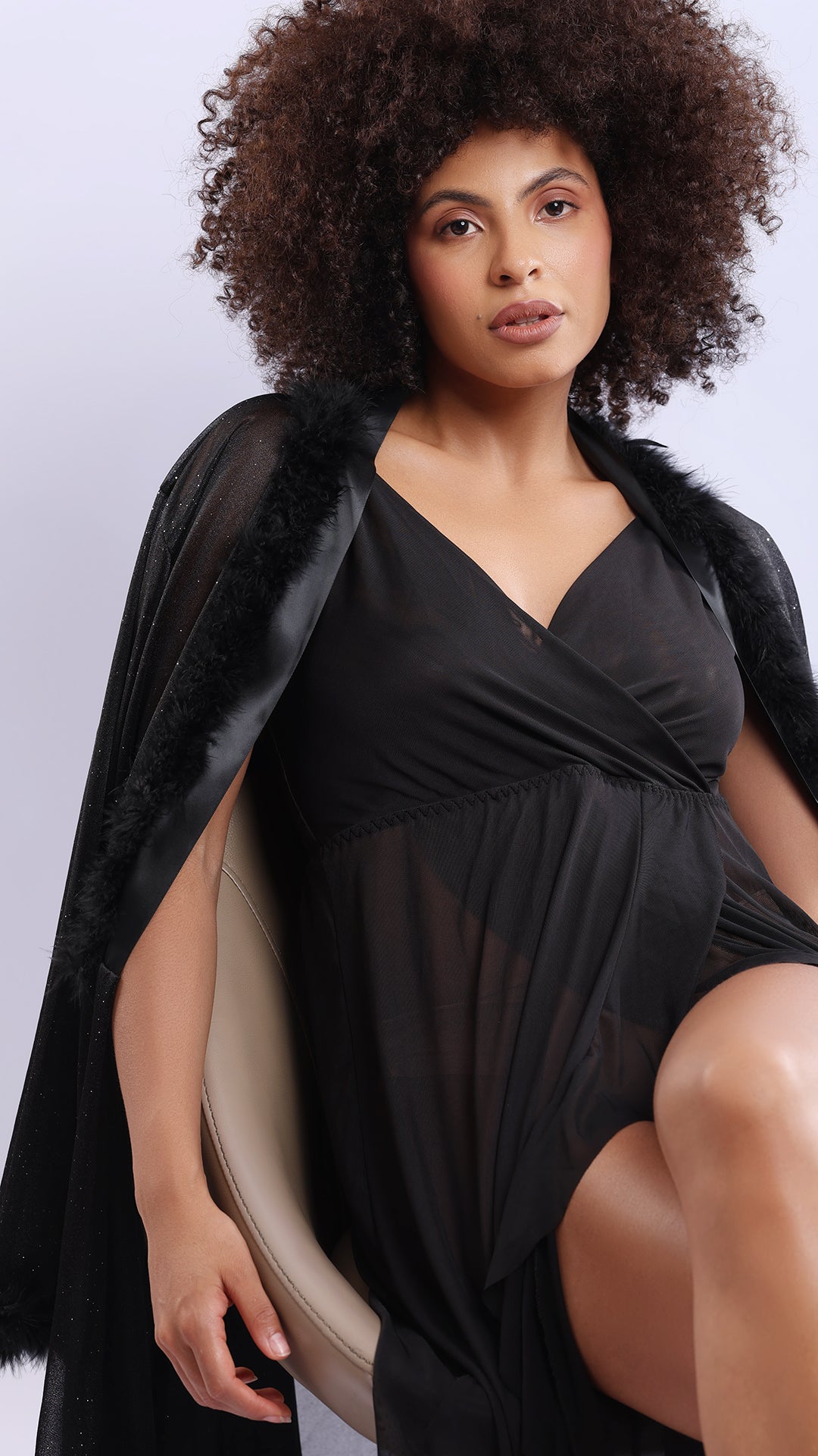 Sheer Mesh Long Nighty & Robe Set | Wrap Nightdress with Fur Cuff Robe