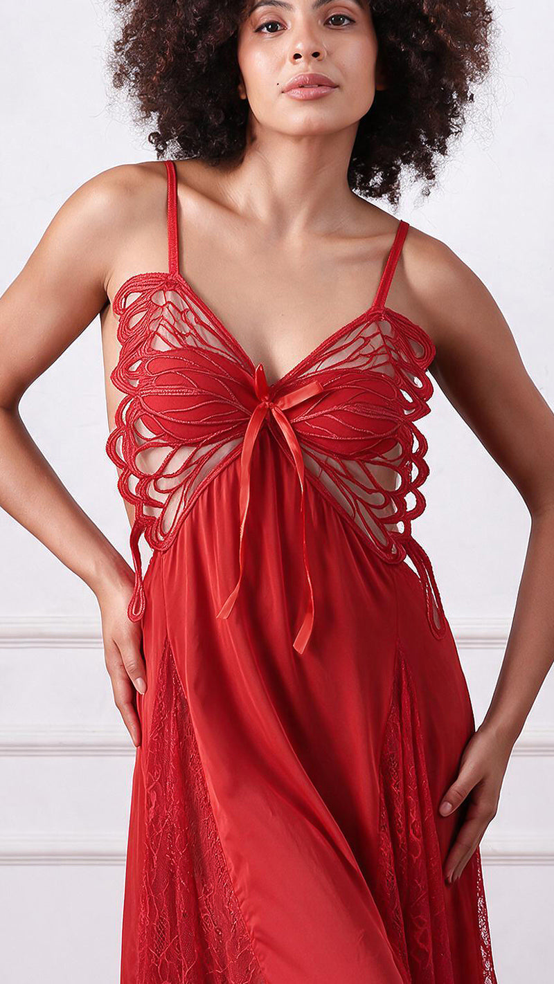 Red lace babydoll dress, back view showing crossover straps