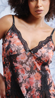 Floral Printed Net Long Nightdress | Sheer Front Slit Lingerie