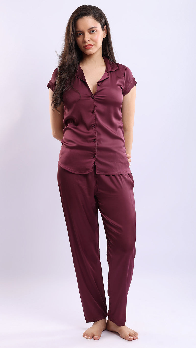 Satin Shirt & Pyjama Set | Front Open Half Sleeve Nightwear