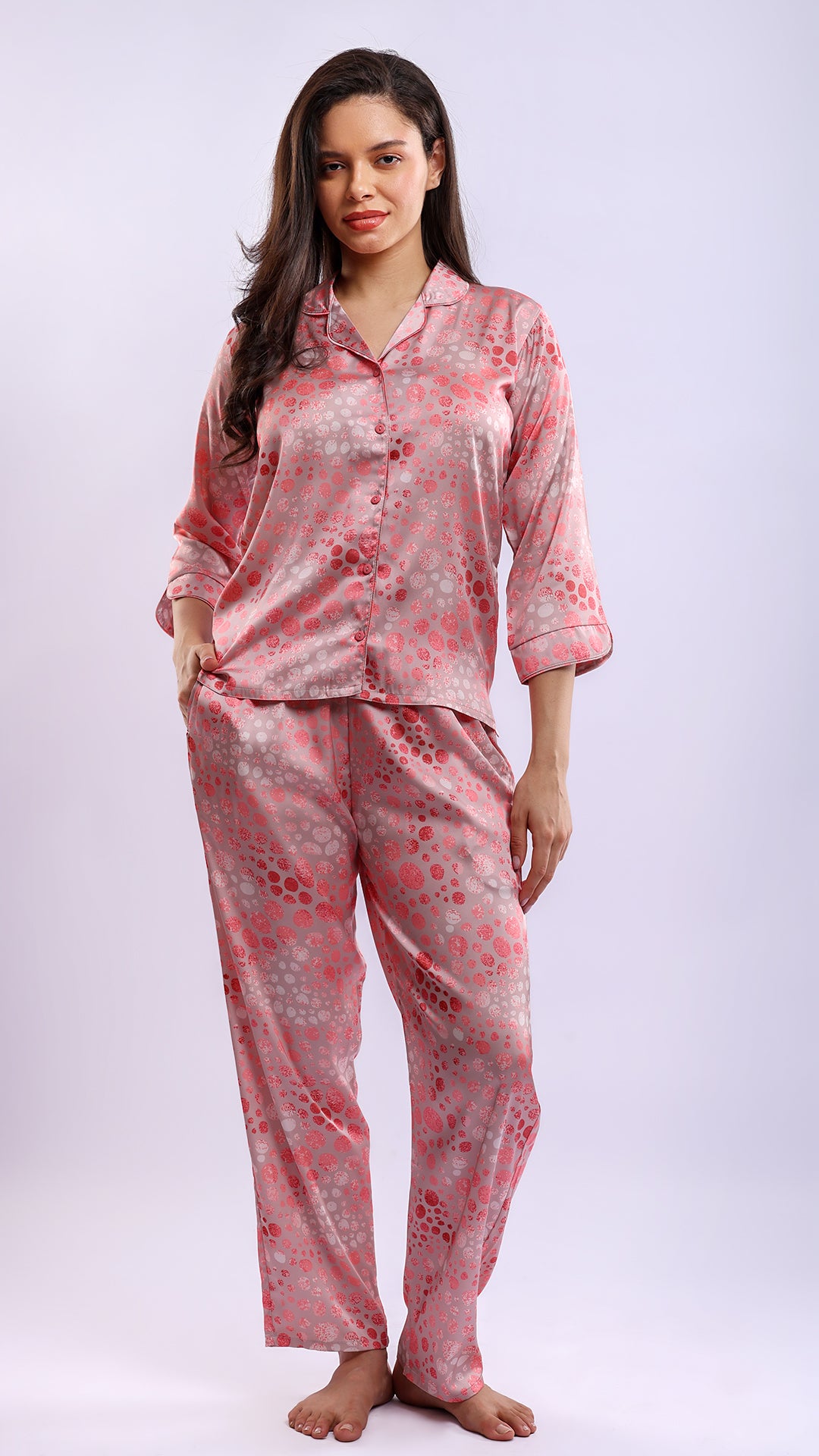 Printed Satin Shirt & Pyjama Set | Front Open 3/4 Sleeve Nightwear